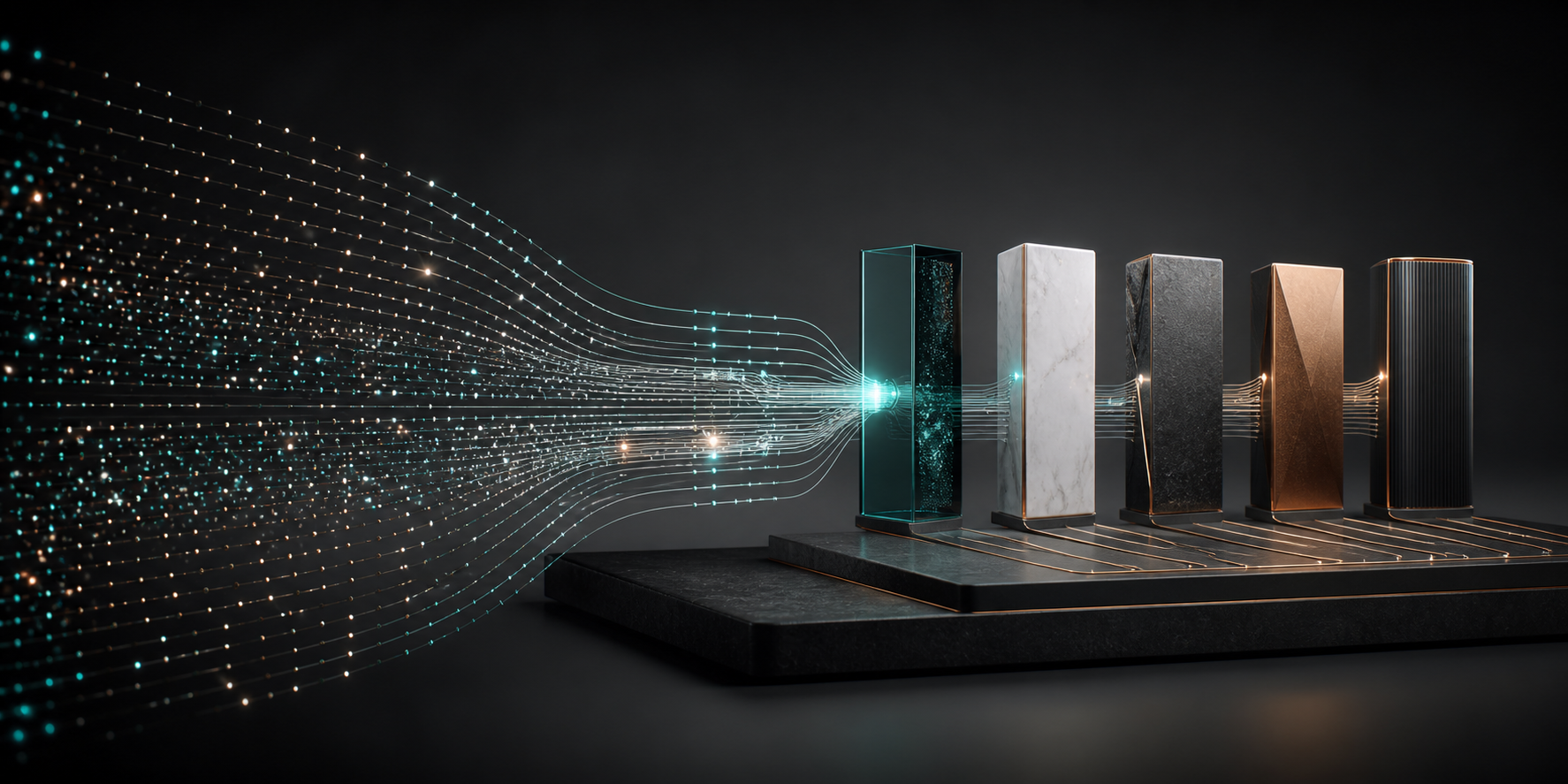 Luminous points flowing into solid asset blocks